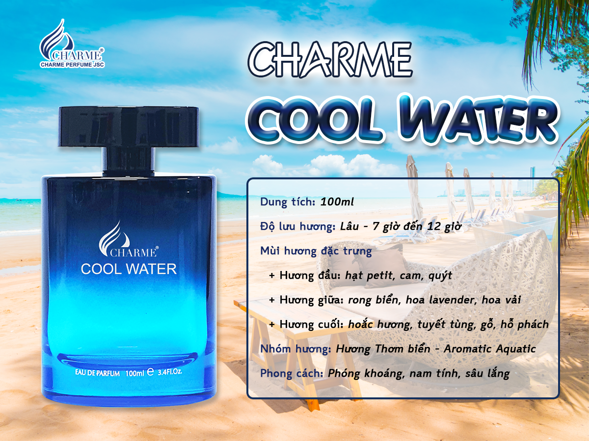 Nước Hoa Nam Thơm Lâu Charme Cool Water  100ml hương thơm mạnh mẽ thanh lịch cho các quý ông