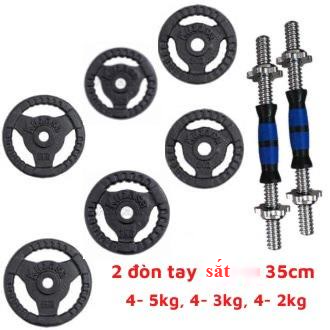 Bộ 2 tạ tay tháo lắp miếng gang 20kg (2 đòn 35cm + 4 miếng 5kg + 4 miếng 3kg + 4 miếng 2kg)