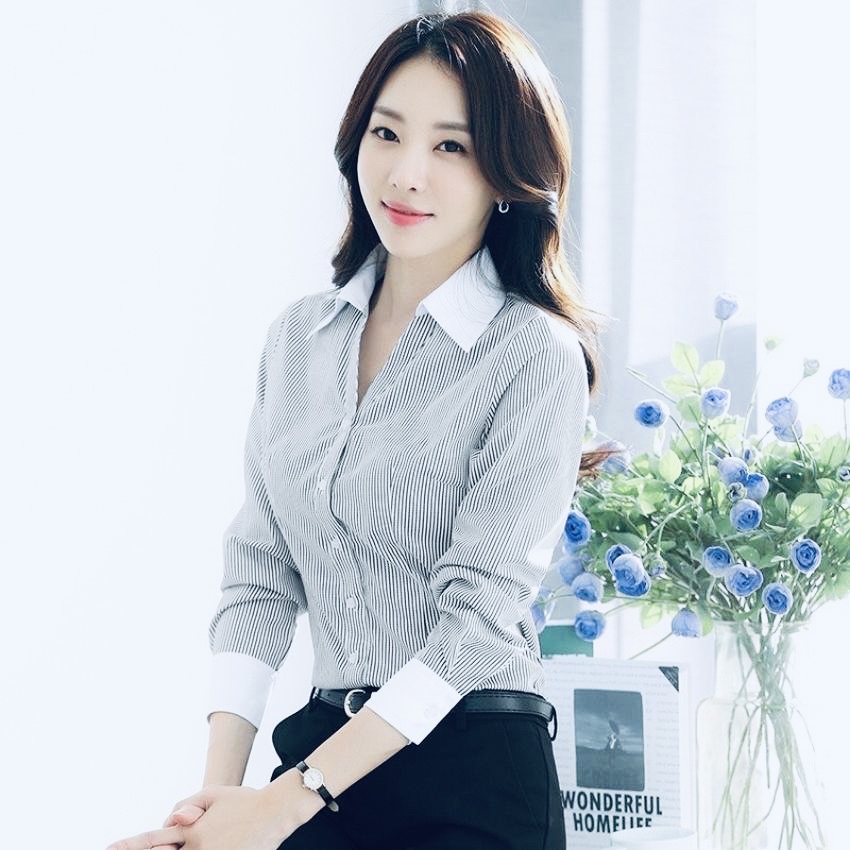 Áo sơ mi nữ dài tay kẻ sọc phối viền cổ và tay áo SM99 thời trang PONIVALAZA cao cấp chất vải mềm mịn thoáng mát