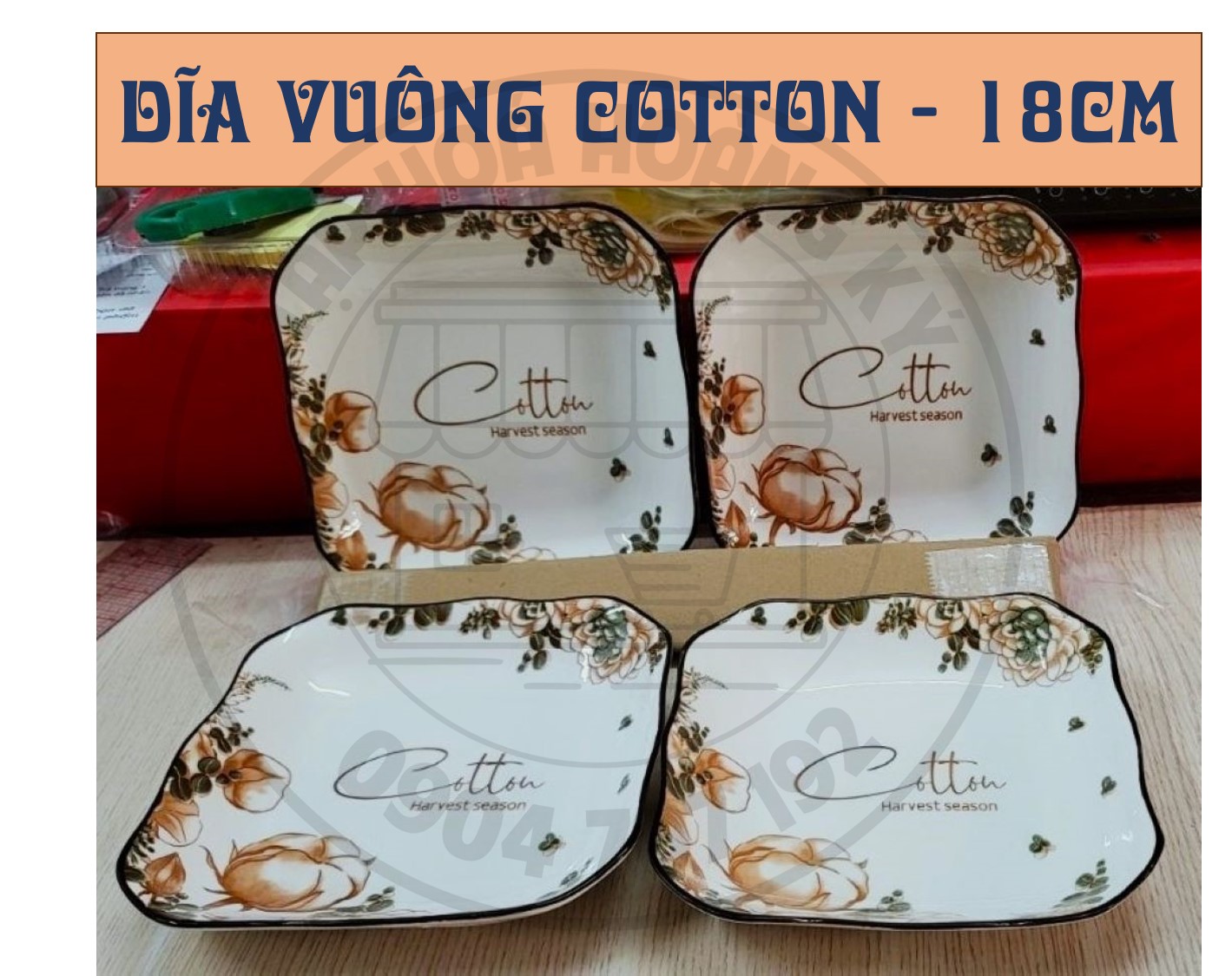 DĨA VUÔNG GỐM SỨ HOA VĂN COTTON 18CM ( CỠ 8)