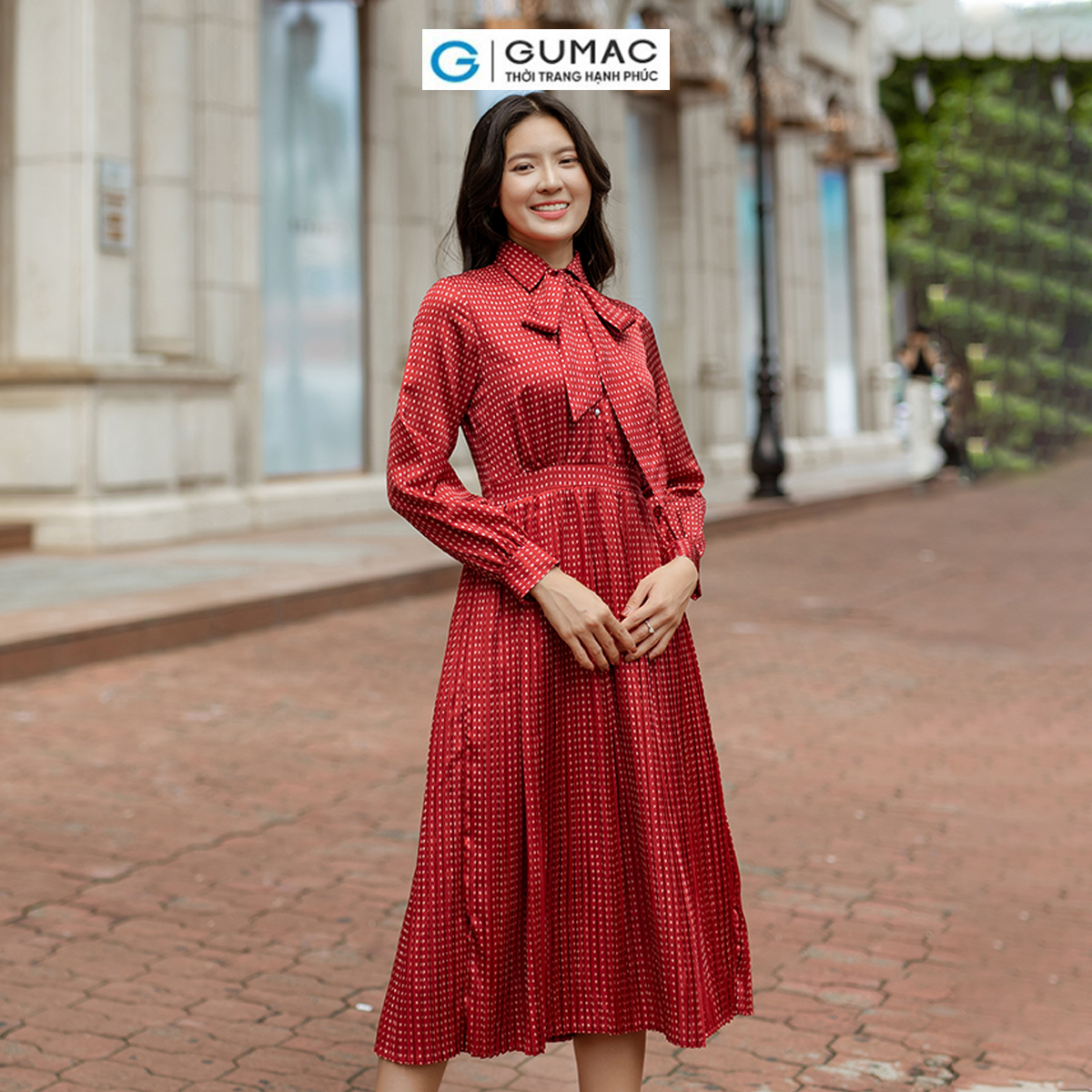 Đầm nữ dập ly buộc nơ thời trang GUMAC DD06042