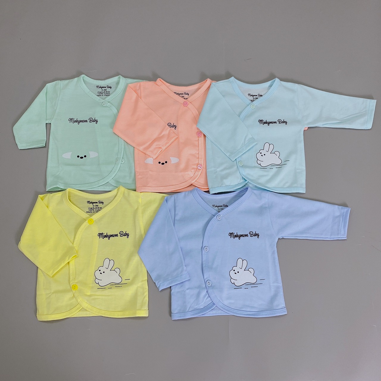 Combo 5 Áo Dài tay Minky thỏ sơ sinh cổ tim cài chéo