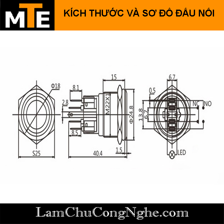 Nút nhấn giữ chống nước có LED 22mm 220V