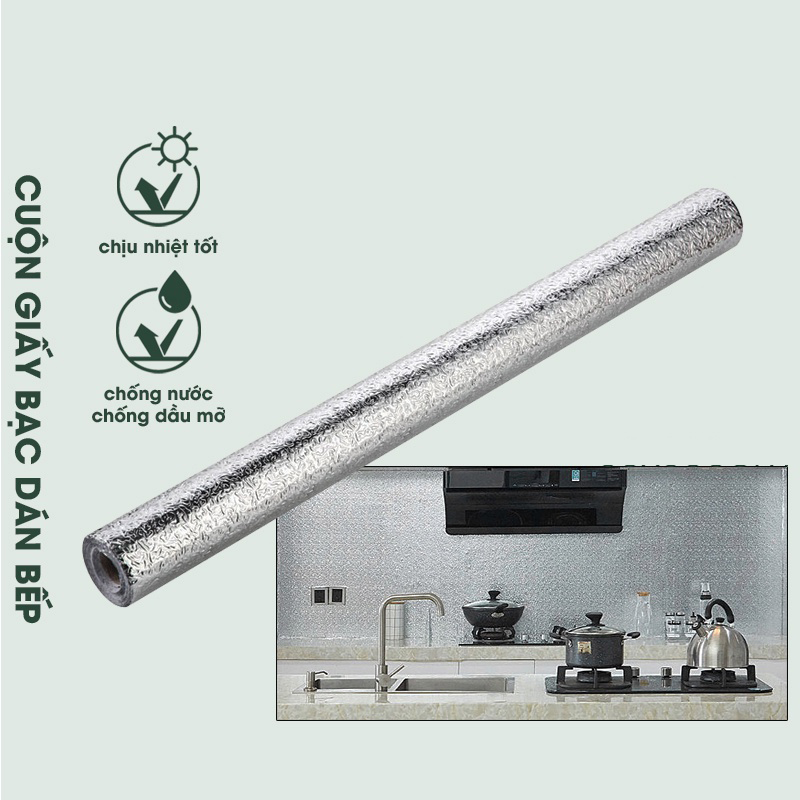 [LOẠI DÀI] giấy dán bếp, cuộn giấy bạc dán tường bếp loại 2m- decal dán bếp tráng nhôm cách nhiệt ô vuông bạc khổ 60cm keo sẵn Dễ dáng sử dụng