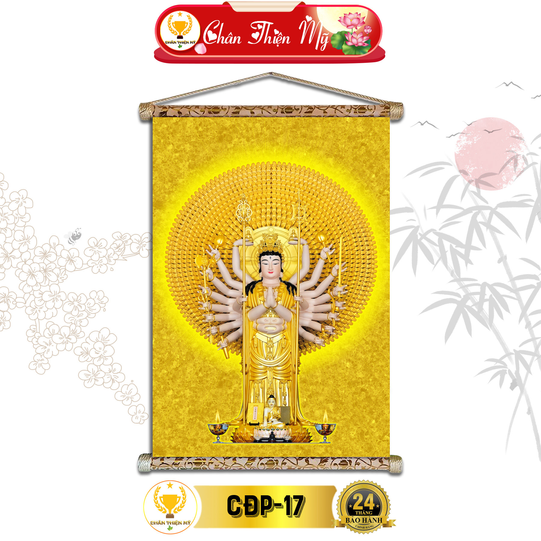 Tranh phật treo tường phật mẫu chuẩn đề chân thiện mỹ, chất liệu vải lụa kim sa khung gỗ 40x60cm ccđp-01
