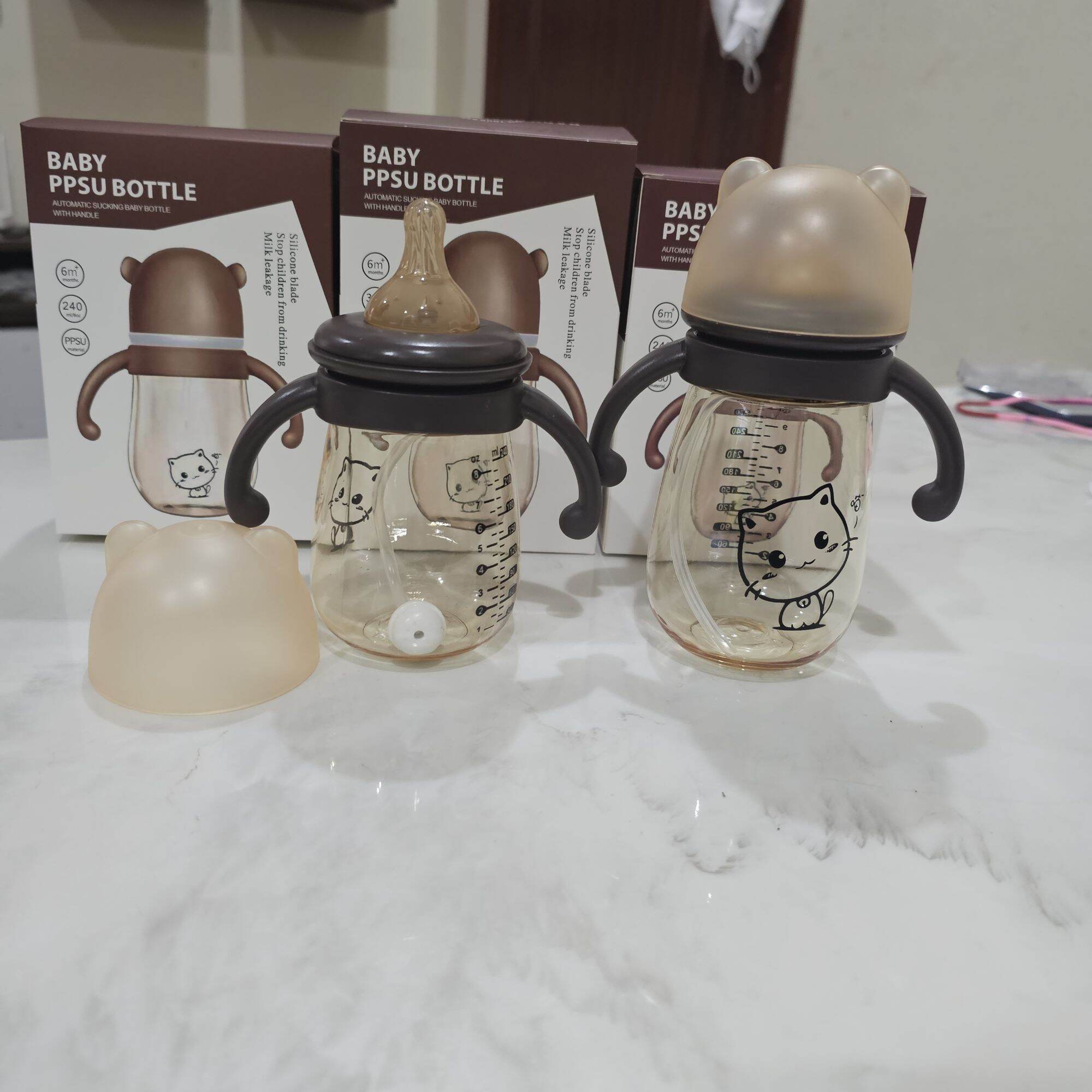 Bình sữa hình mèo 240ml/300ml  [có tay cầm và van chống sặc kèm ống hút]