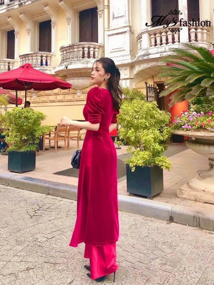 Áo dài cách tân lụa nhung đính hoa vải dày mịn