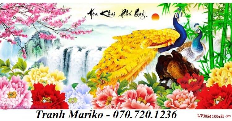 Tranh thêu chữ thập Hoa Khai Phú Quý Đôi Công bên Hoa Mẫu Đơn LV3054 kích thước 100*51cm