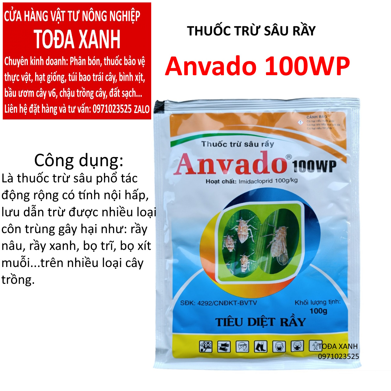 Anvado 100wp gói 100gam, chuyên trừ rầy, rệp sáp, bọ trĩ...trên nhiều loại cây trồng