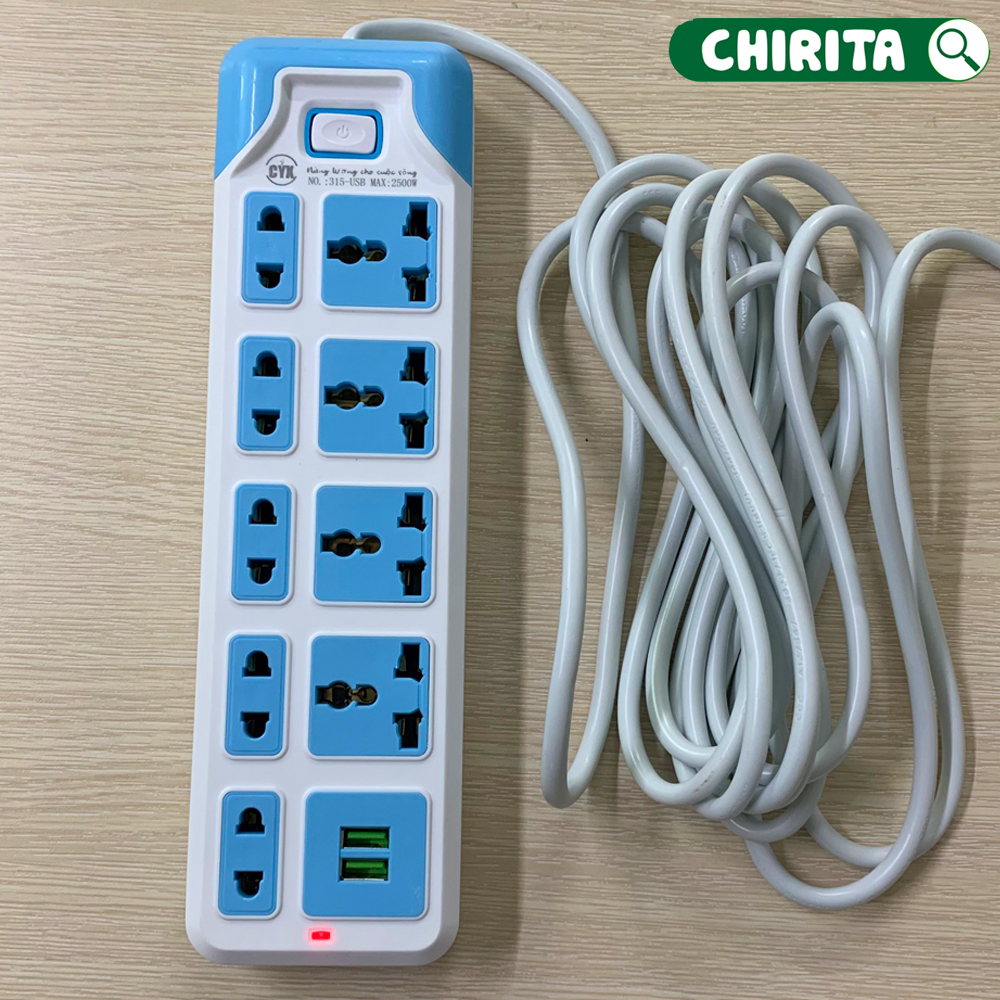 Ổ Cắm Điện Thông Minh CYX 315 -  Có 9 Phích Cắm , 2 Cổng USB , Công Suất 2500W - Ổ Cắm Đa Năng  Cao Cấp , Phích Cắm Điện Chống Giật CHIRITA