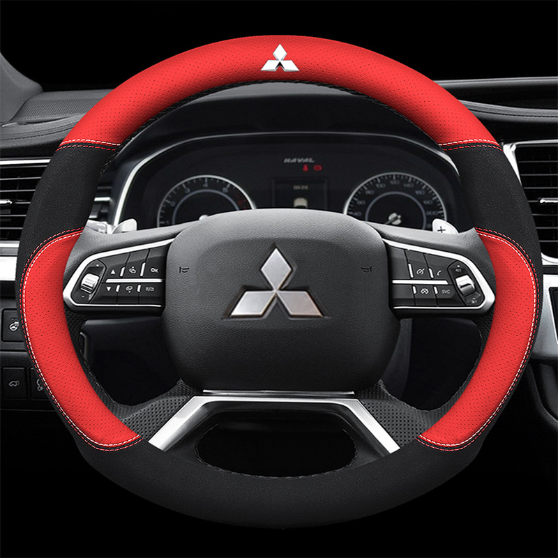 Mitsubishi Car Steering Wheel Cover (Round Shape Red) Leather Suitable for All Mitsubishi Cars ASX Triton Pajero Sport Outlander Lancer Grandis Attrage Storm Fuso Mirage 38CM