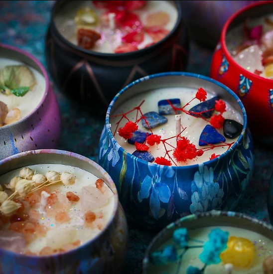 Cốc nến thơm hoa khô họa tiết thổ cẩm