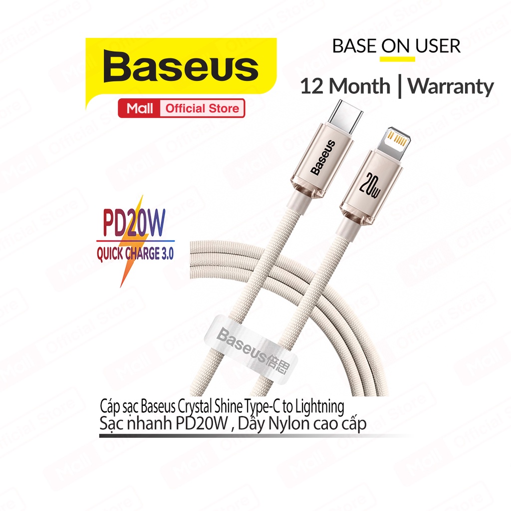 Cáp sạc pd20w baseus crystal type-c to lightning dây nylon siêu bền dài 200cm cho iphone/ipad