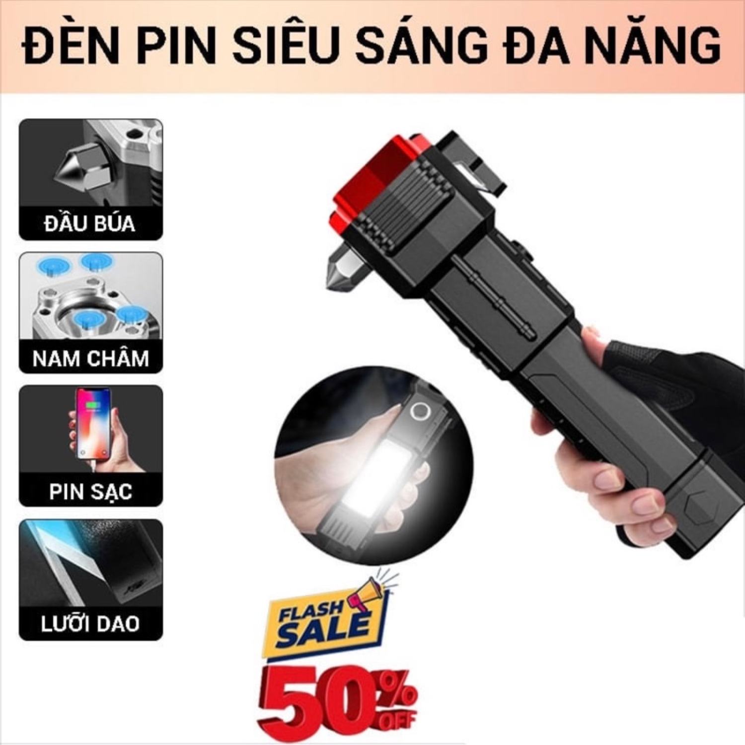 NDH0152 Đèn pin siêu sáng - Búa đèn pin Led 8in1 đa chức năng búa thoát hiểm khẩn cấp trong Ôtô, chống nước siêu bền