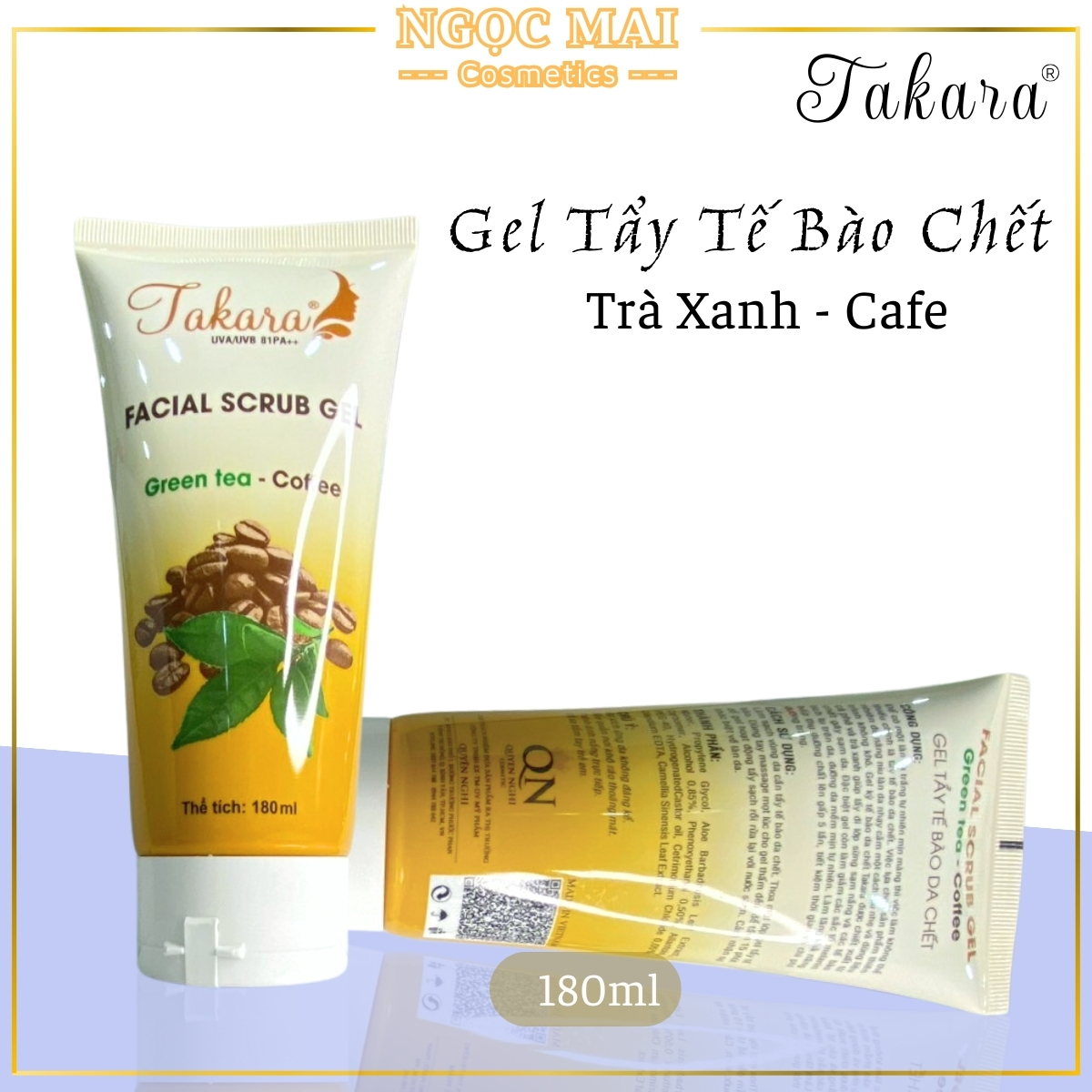 Gel tẩy tế bào chết da mặt và body tẩy tế bào chết tốt cho da dầu mụn có chống nắng chiết xuất Trà Xanh và Cà Phê Mỹ phẩm TAKARA 180ml