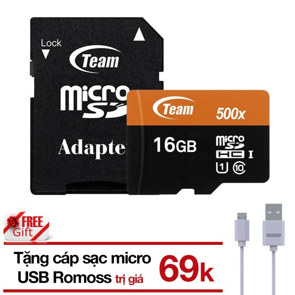THẺ NHỚ 16GB MICROSDHC TEAM 80MB-S 500X C10 U1 ADAPTER  TẶNG CÁP MICRO USB TRÒN ROMOSS