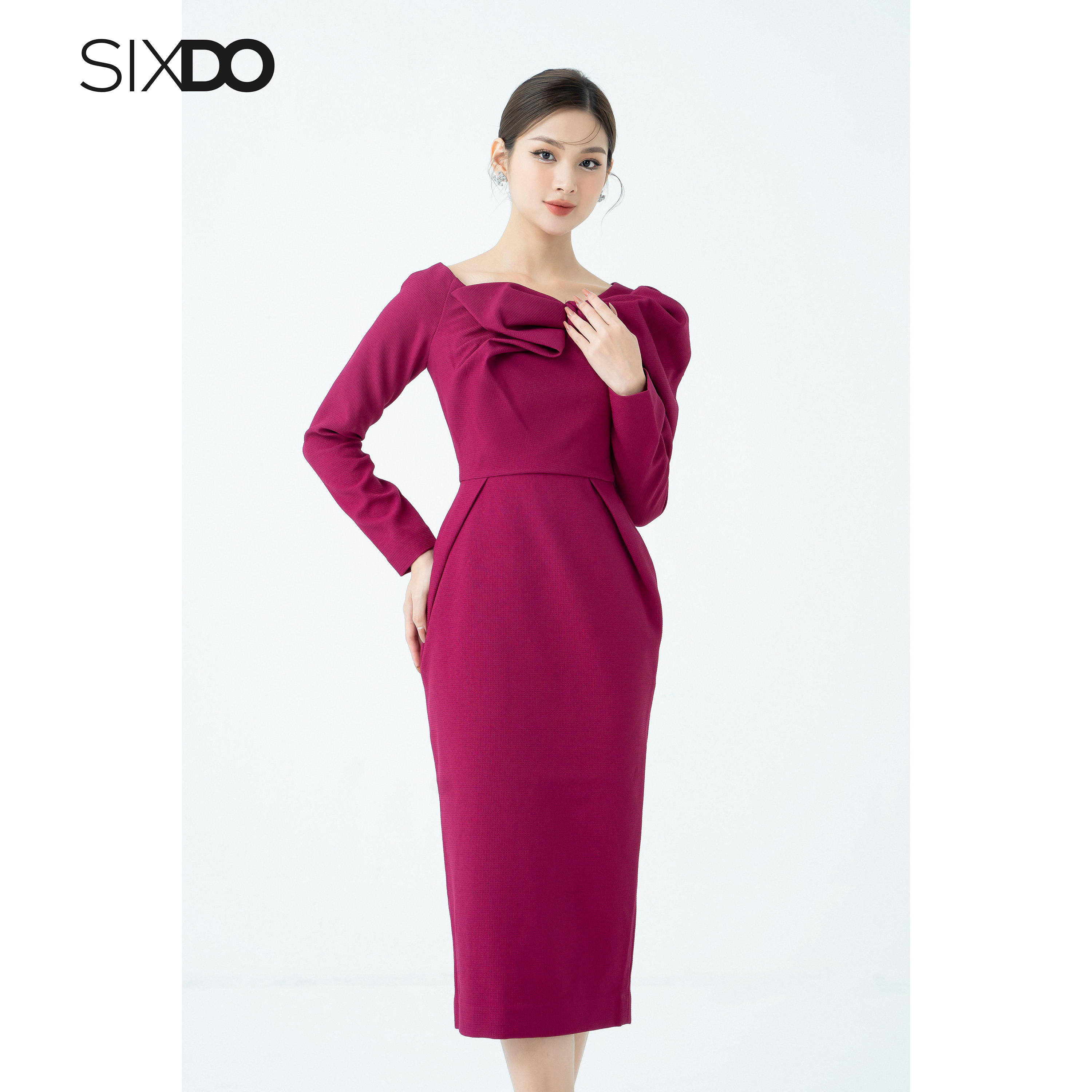 Đầm lệch vai cổ nơ thời trang SIXDO (Bowtie Midi Raw Dress)