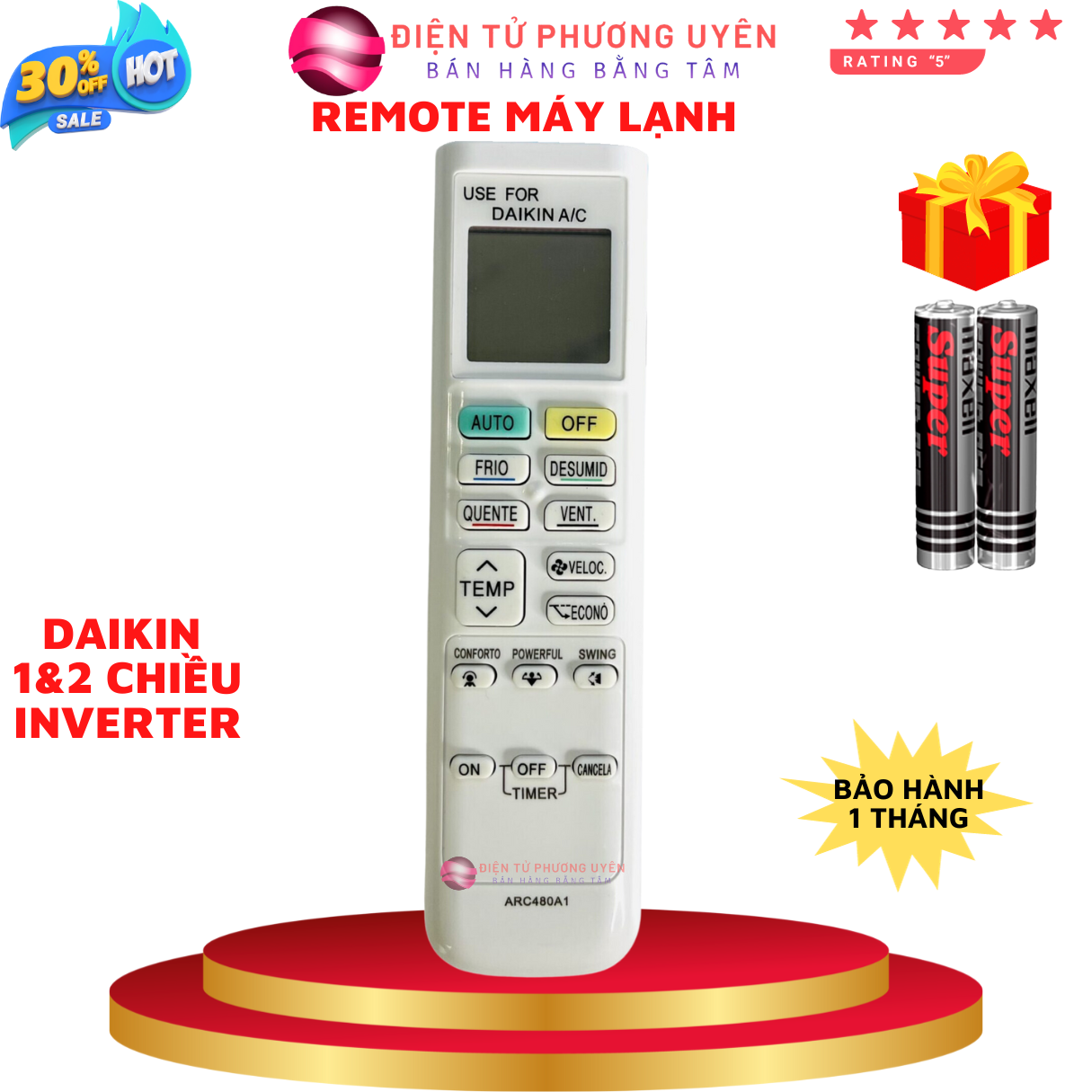 Điều khiển điều hoà daikin arc480a1, remote máy lạnh daikin inverter dòng ftkq & ftkc - tặng kèm pin - phương uyên