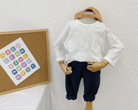 Áo phông dài tay cotton cho bé trai, bé gái trơn phối túi 6 màu basic