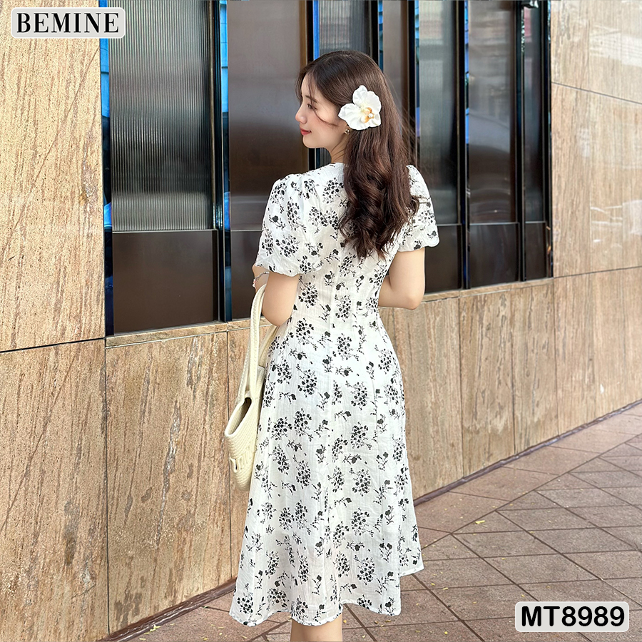 Đầm thiết kế cổ tròn tay phồng chít eo BEMINE MT8989