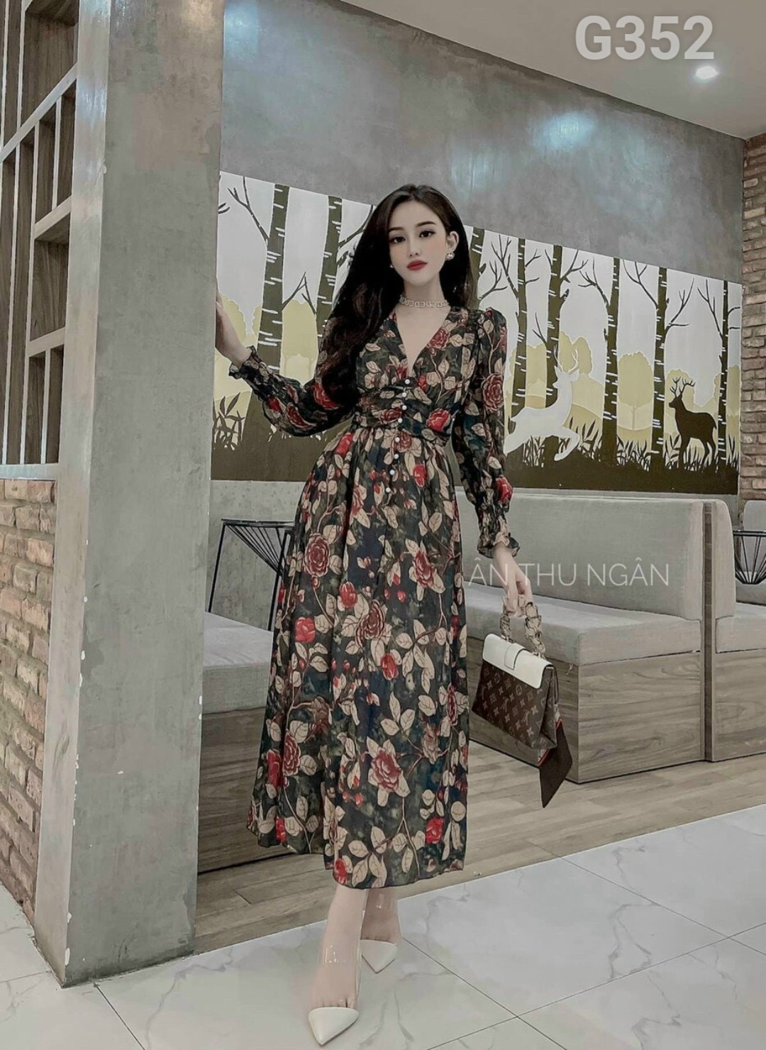 Đầm xoè voan nữ hoa nhí cổ v xẻ maxi dự tiệc dạo phố lụa cao cấp g352