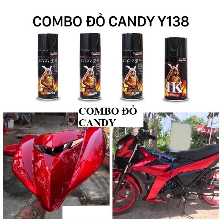 COMBO Sơn xịt Samurai màu đỏ Candy Y138 đủ quy trình sơn bền đẹp