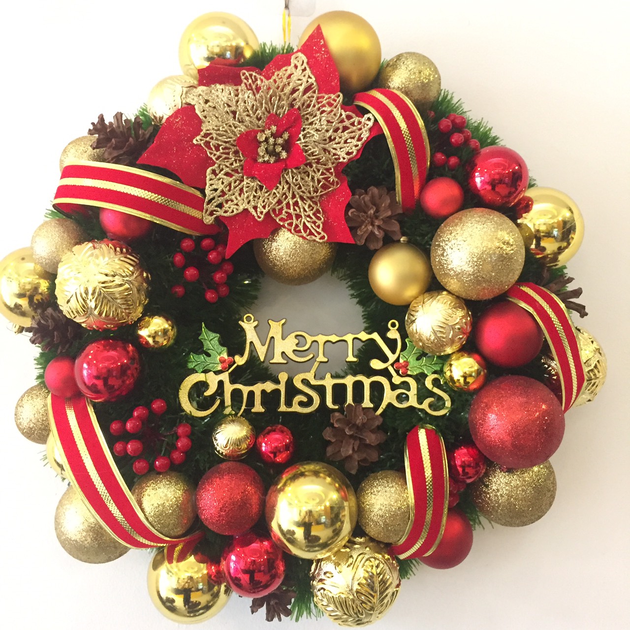 Vòng Nguyệt Quế Trang Trí Noel ĐK 50cm Tông Vàng Đỏ