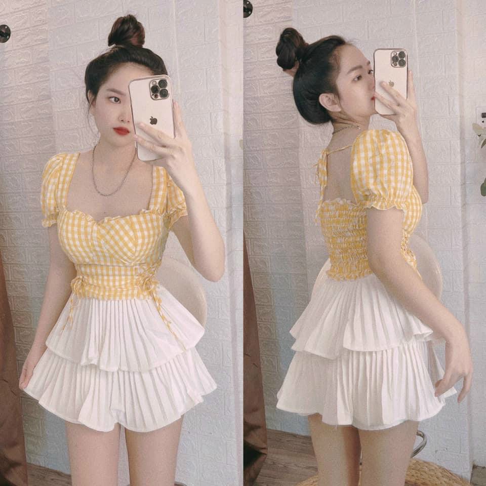 Áo kiểu croptop cổ U caro rút dây 2 bên kèm mút ngực xinh , chất kate lụa mềm mịn