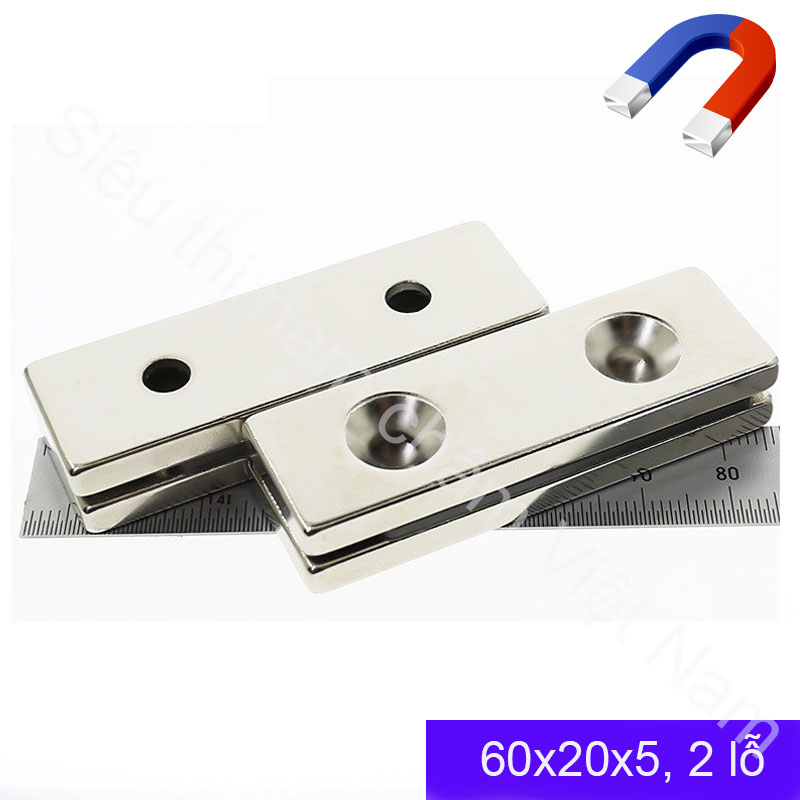 NAM CHÂM CHỮ NHẬT 60X20X5 VÁT 2 LỖ