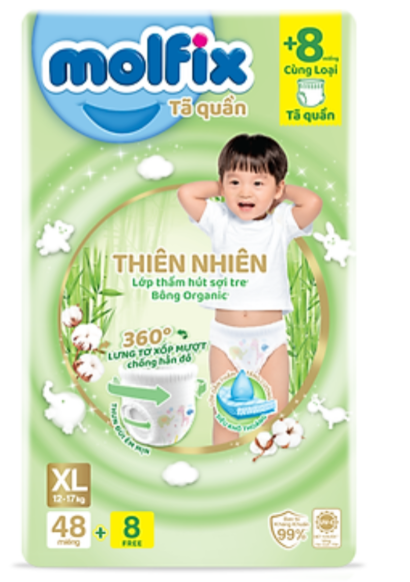 Tã quần Molfix size XL 56 miếng (48+8 miếng, 12-17 Kg)