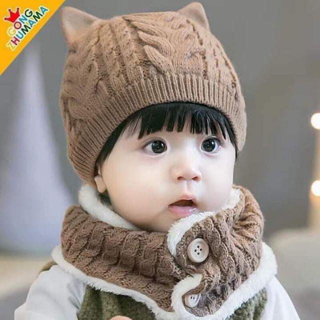 Set mũ Len tai mèo kèm khăn cho bé