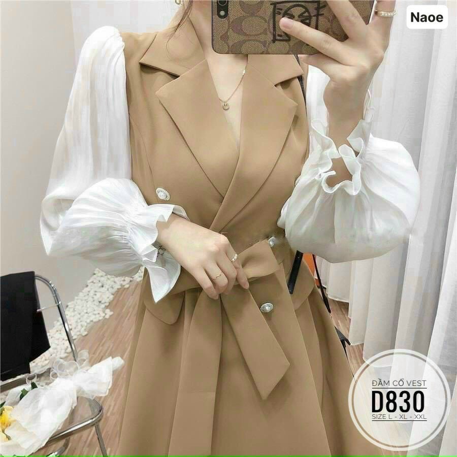 ĐẦM VÁY NỮ CỔ VEST TAY BÈO CÓ DÂY THẮT EO