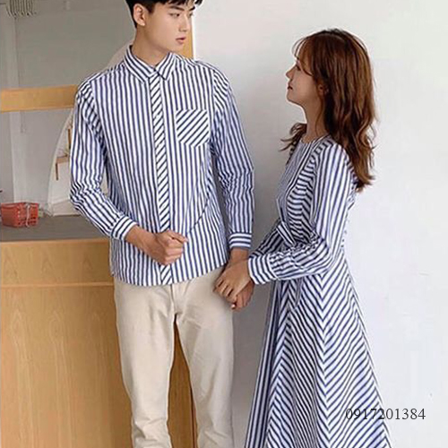 Đầm đôi somi sọc xanh trắng (giá gồm đầm nữ và áo nam)