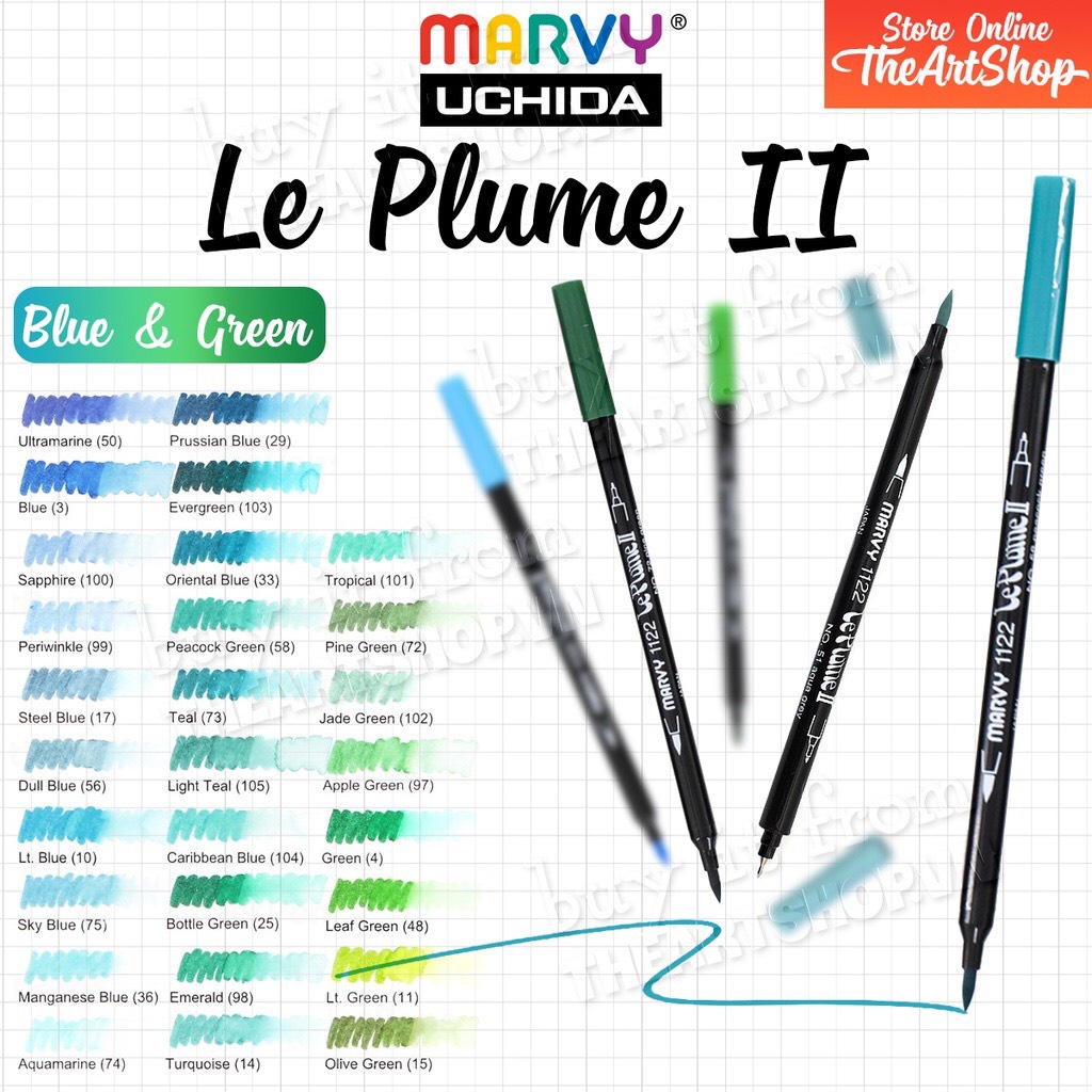 THEARTSHOP Bút cọ màu nước MARVY Le Plume II - Tone Blue & Green
