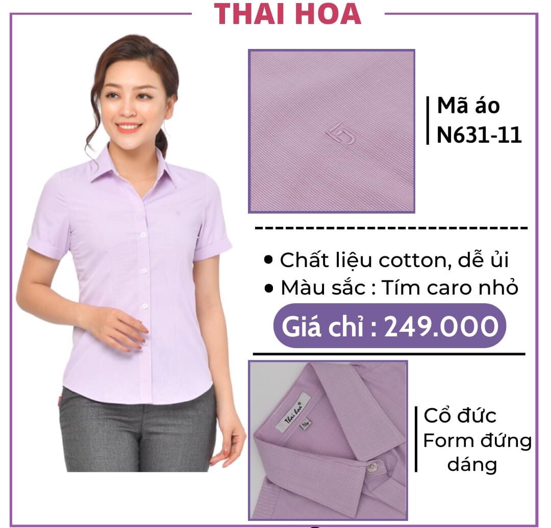 Áo sơ mi Thái Hòa caro nhỏ màu tím vải mềm 631-11