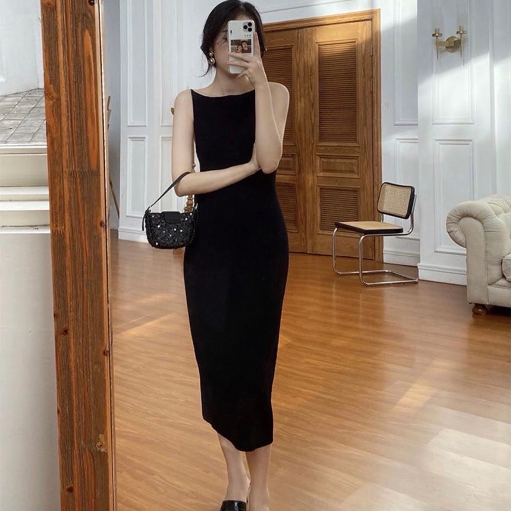 [Ảnh thật] Đầm phi đen 2 dây body cổ thuyền hở lưng