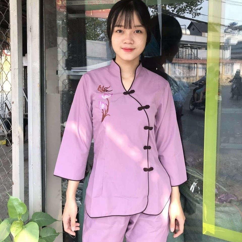 Áo tràngBộ đồ mặc nhà Quần Áo nữ Phật Tử, Đồ Lam Phật Đi Chùa mẫu tàu xéo thêu hoa văn mẫu KA34
