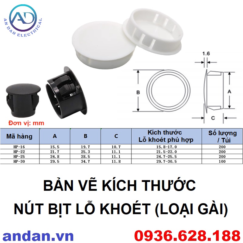 Nút bịt lỗ khoét (loại gài) Nắp bịt gài Ø16 Ø20 Ø22 Ø25 Ø30 Ø35 Ø40 Ø50 Ø60 (Đơn hàng tối thiểu 50K)