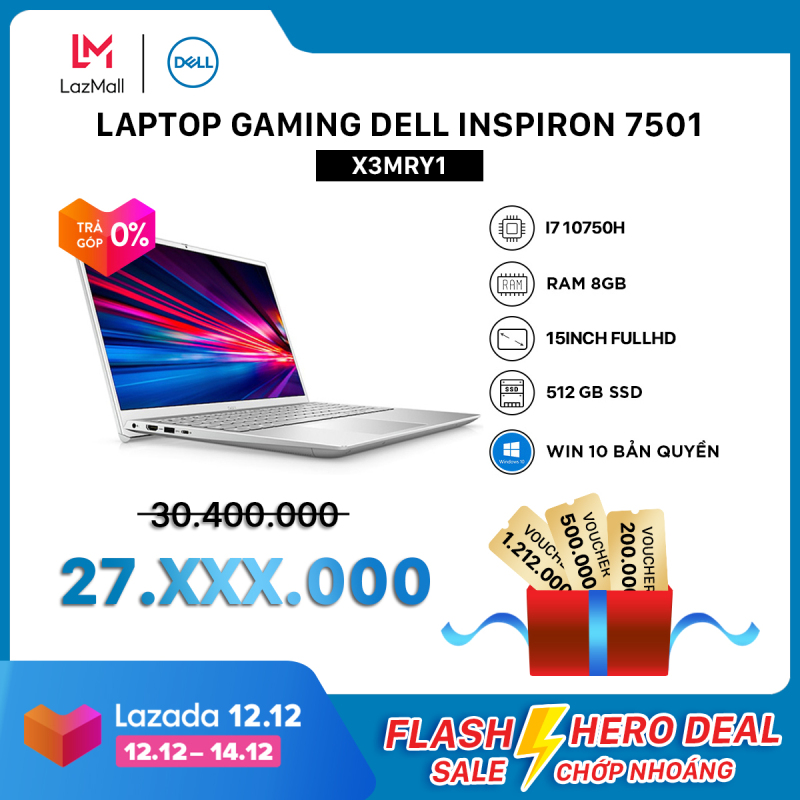 [TRẢ GÓP 0%]Laptop Gaming Dell Inspiron 7501 (X3MRY1) Core i7 10750H 15inch FullHD  Ram 8GB  512GB SSD  Card Màn Hình NVIDIA GTX1650Ti 4G  Win 10 Bản Quyền  Silver  Bàn Phím Có Đèn