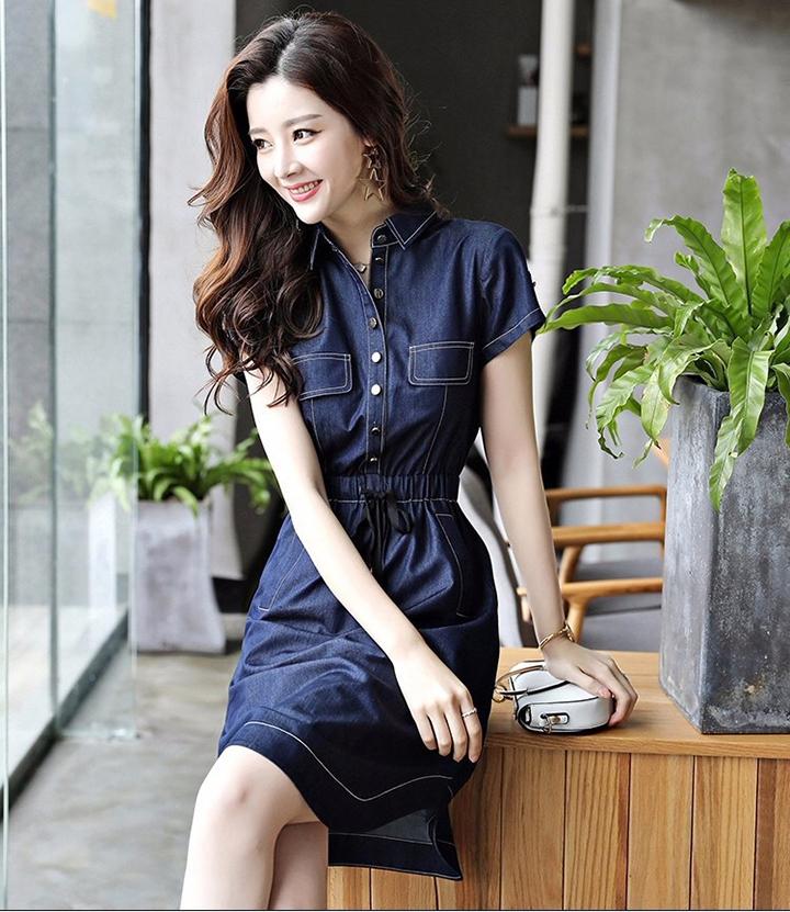 [HCM]Đầm Jean Nữ Ngắn Tay Cổ Bẻ Lai Bầu