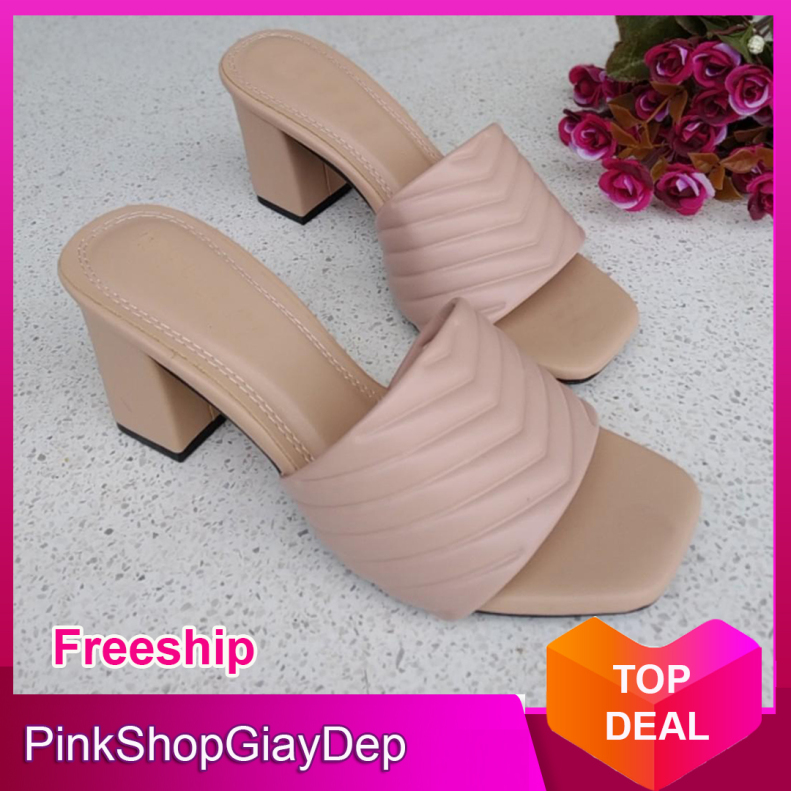 (Miễn ship) Guốc, dép cao gót da cao cấp PinkShopGiayDep quai ngang lượn sóng siêu xinh giá rẻ