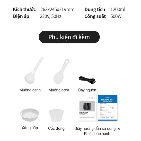 Nồi cơm điện mini LocknLock Compact Rice Cooker 1.2L EJR346BLK - HAPOS OFFICIAL