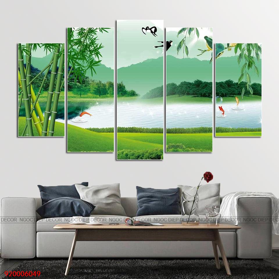 Tranh dán tường phòng khách Trúc Xanh Bên Hồ 3D, tranh phong thủy tài lộc
