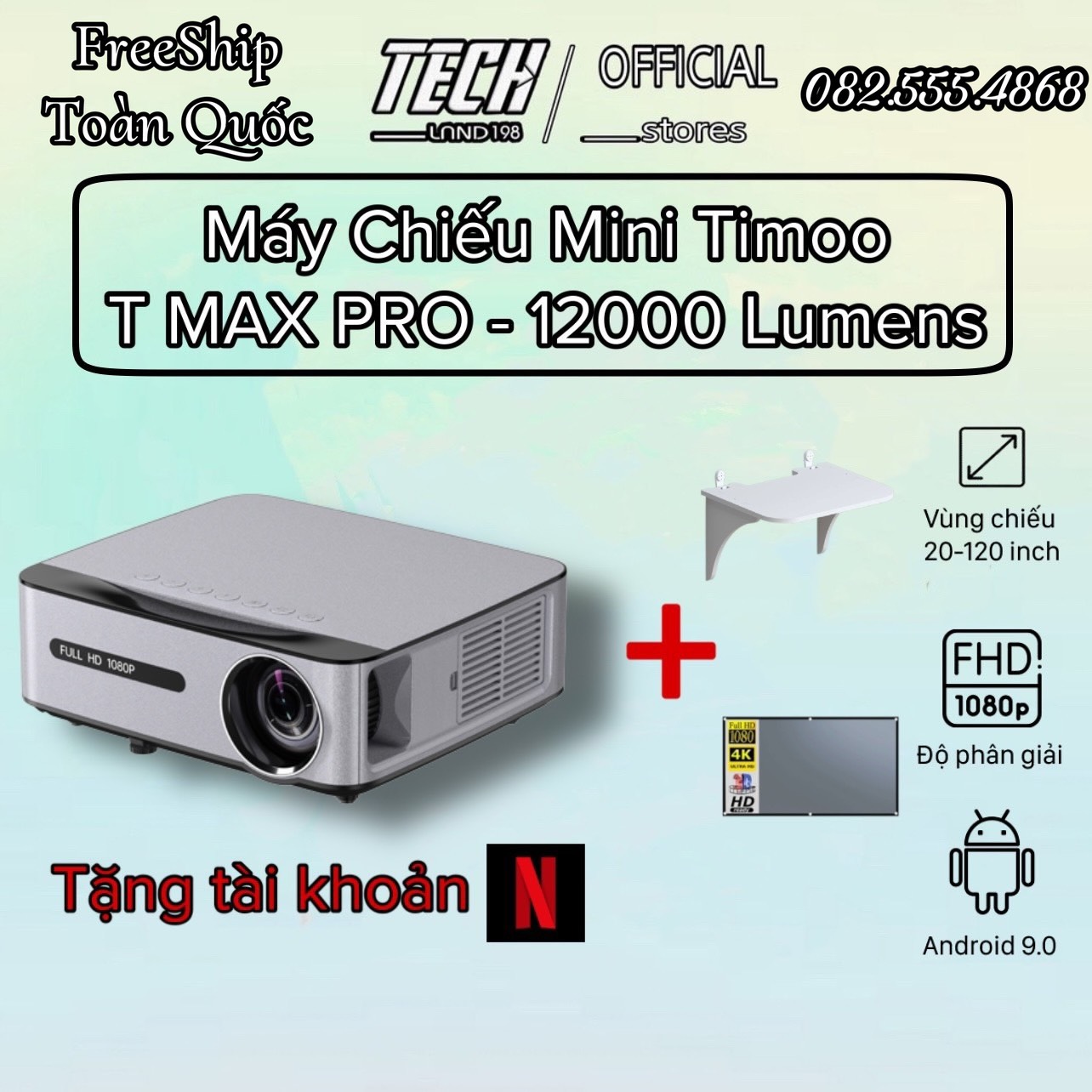 Máy chiếu mini timoo t max android 9.0 full hd 1080hd độ sáng cực cao 12000 lumens hỗ trợ kết nối không dây + tặng màn chiếu và kệ trị gía 400k