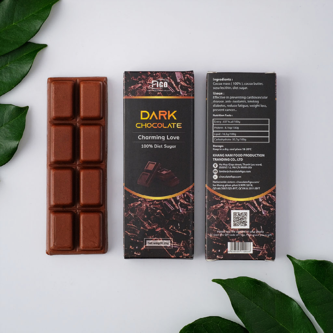 VỊ ĐẮNG- DIET 20G Dark Chocolate 100% cacao đường ăn kiêng FIGO, đồ ăn vặt