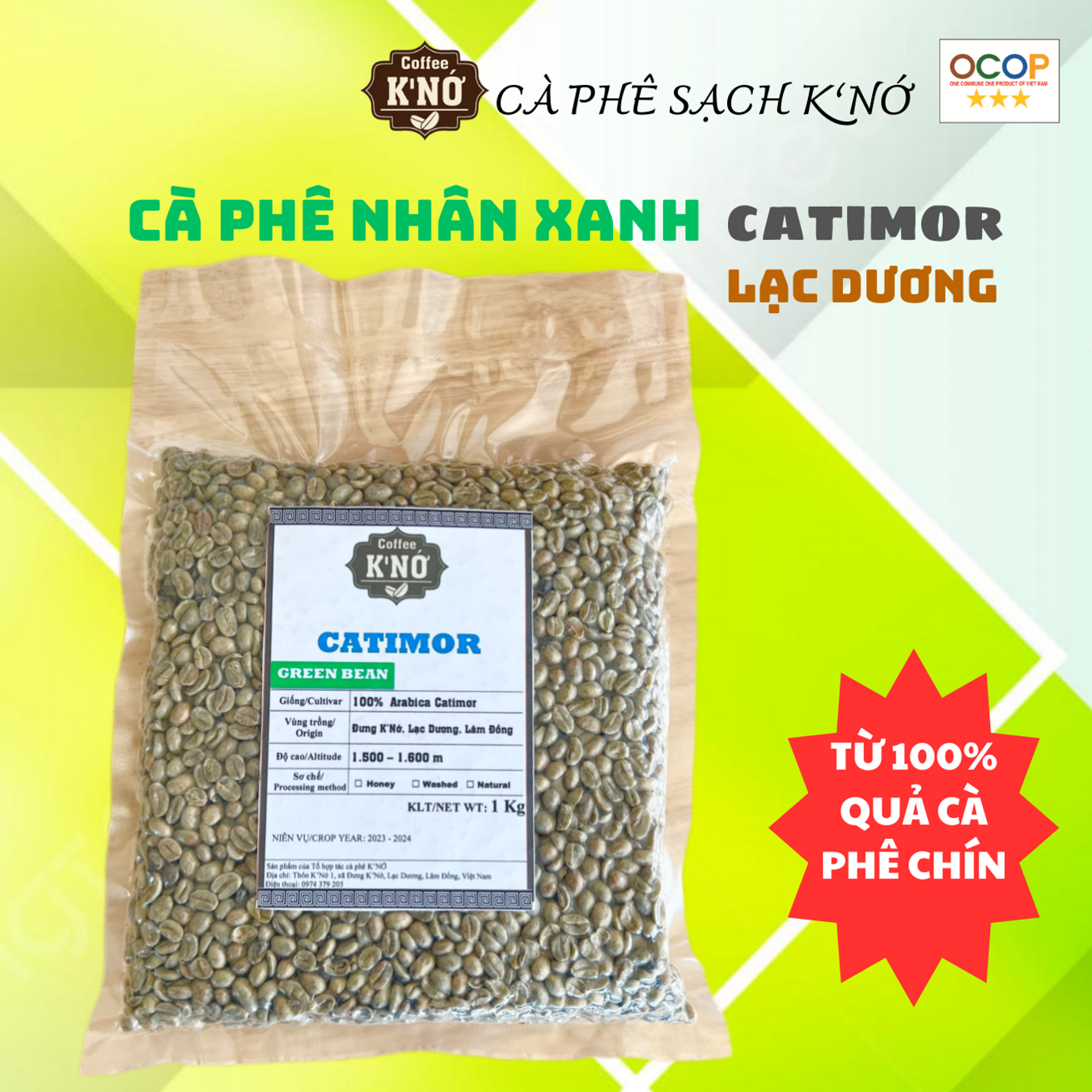 Cà phê đặc sản arabica nhân xanh, chưa rang, chế biến ướt, từ quả cà phê chín 100%, vụ 2024, cafe sạch lâm đồng, coffee k'nớ.