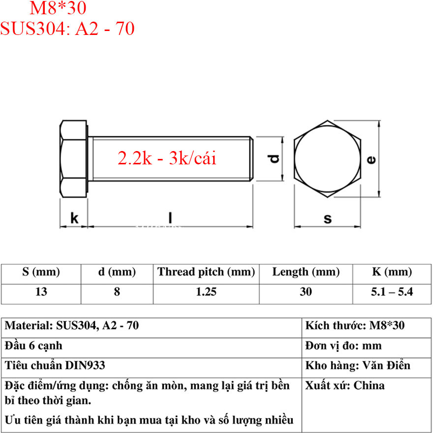 Bulong M8*30. DIN 933, SUS304 (10 cái)