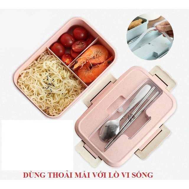 Hộp Đựng Cơm Lúa Mạch 3 Ngăn Kèm Thìa Đũa