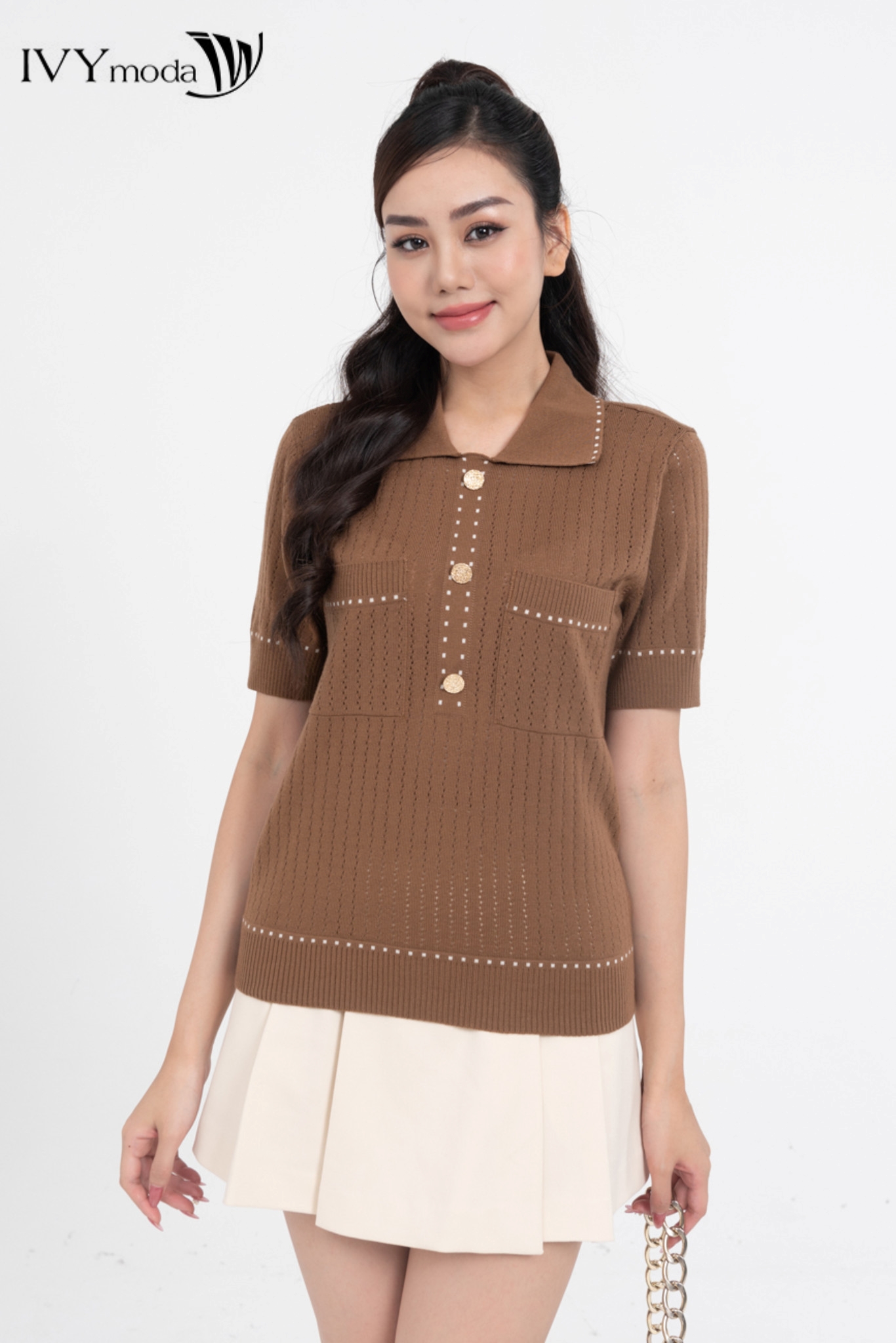 Áo len lông cừu đục lỗ IVY moda MS 57M7808