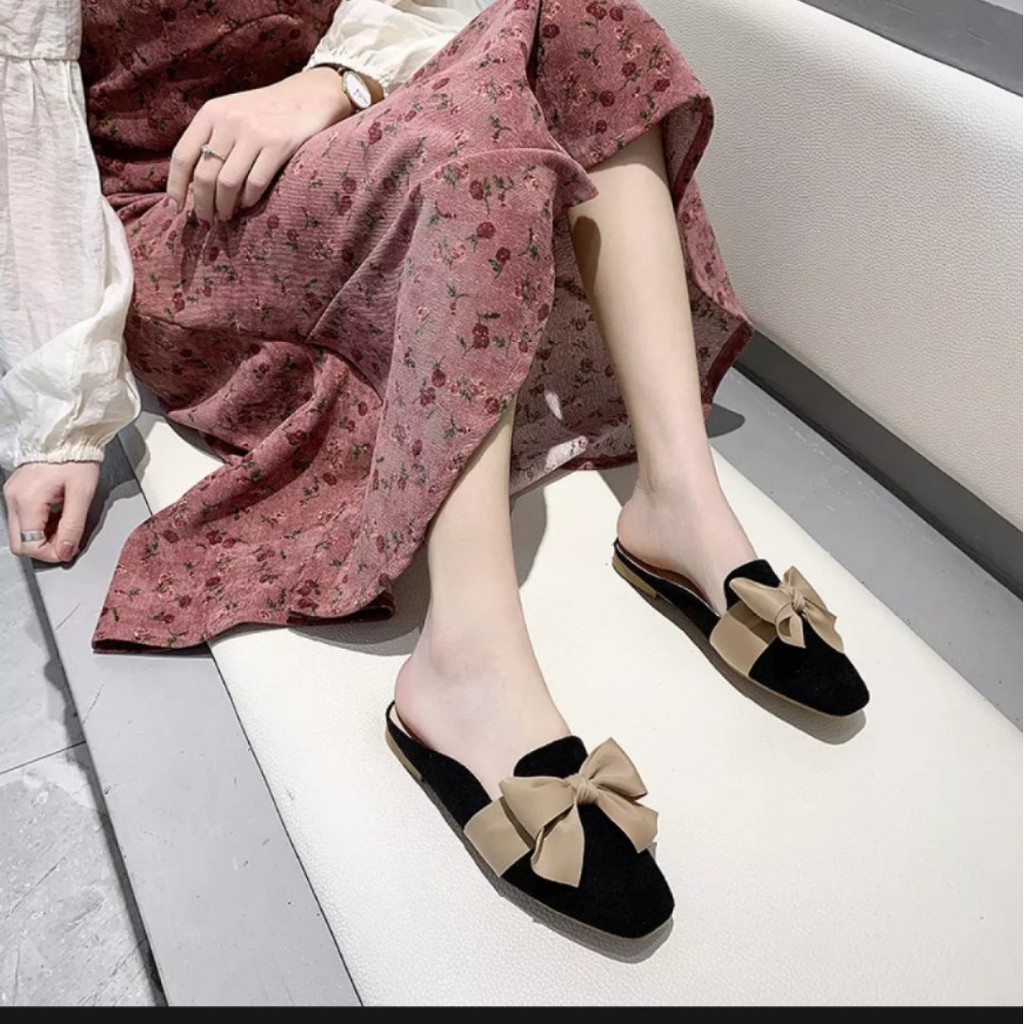 FREE SHIP Giày sục nữ da lộn 2 màu thắt nơ hàn quốc